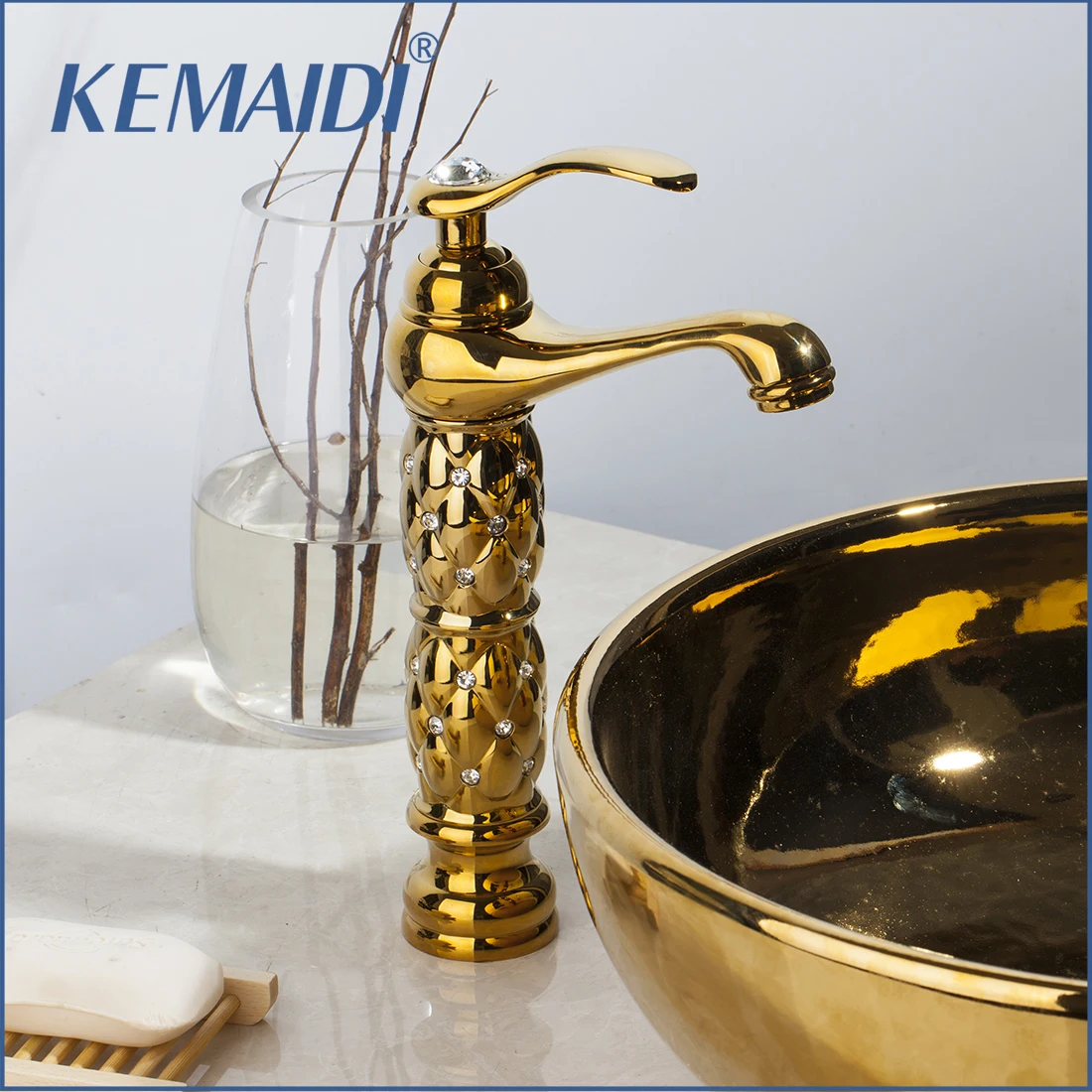 KEMAIDI Bathroom Faucets Basin High&Short Faucet Luxury Gold Deck