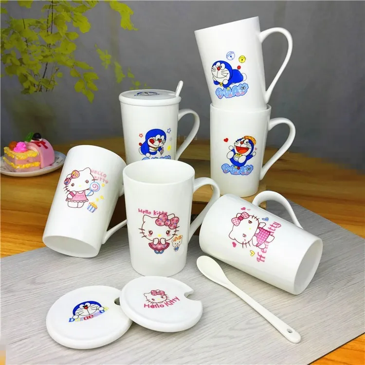

330ML Cartoon Doraemon Ceramic Coffee Tea Mug Lovers Girl Cups With Spoon Cover
