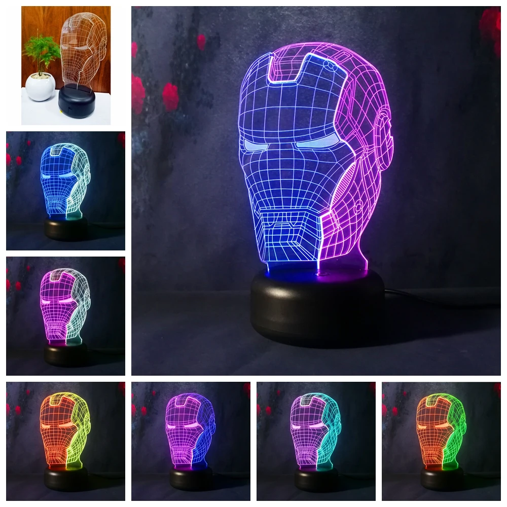 

New Marvel Avengers Lamp 3D Art Iron Man Mask Night Light Superhero illusion Mood Lampe for Kids Friends xmas Creative Toy Gift