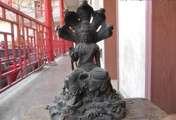 

song voge gem S0179 12"Tibet classical Bronze Sit freedom Kwan-Yin Bodhisattva snake Zun God Buddha