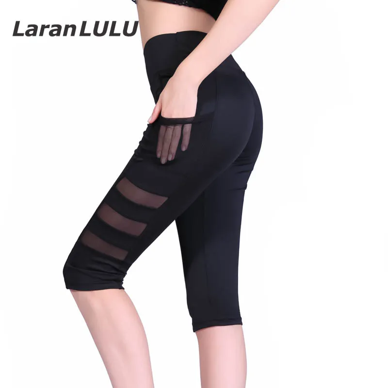 Summer Running Tights Women 3/4 Solid Mesh splicing Elastic Breathable Yoga Sports Pants Slim Compression Gym Fitness Leggings