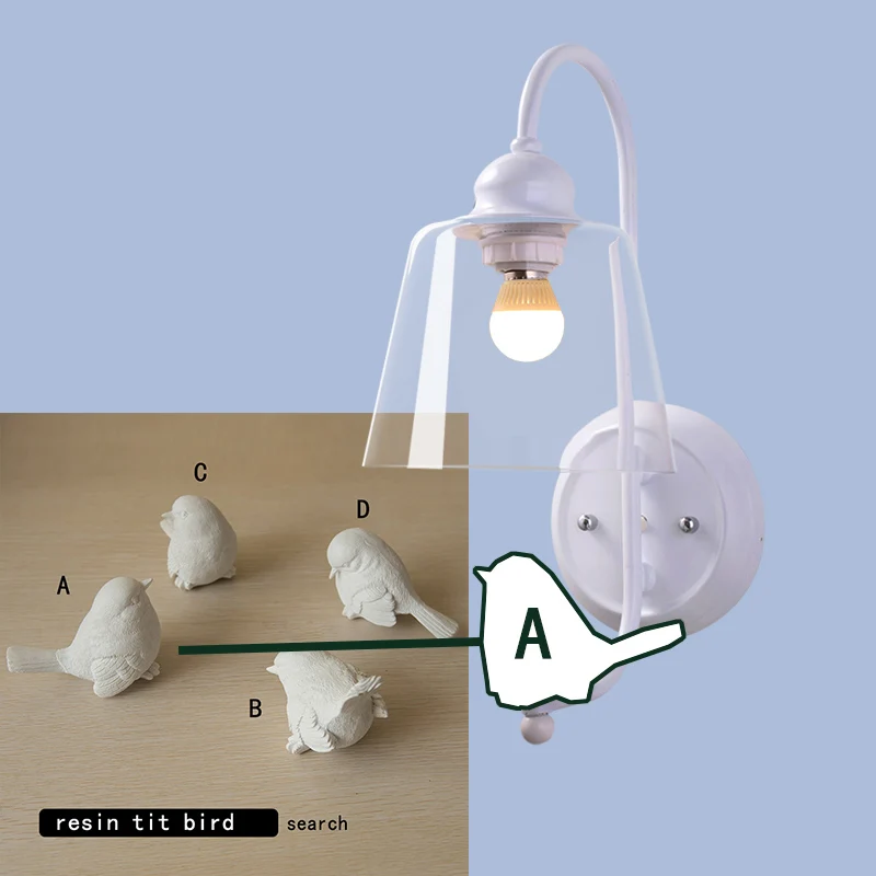 Простой современный настенный светильник для спальни, четыре позы птичьей смолы, окружающий прикроватный светильник, прозрачный стеклянный абажур Белый железный светильник - Цвет абажура: White white A