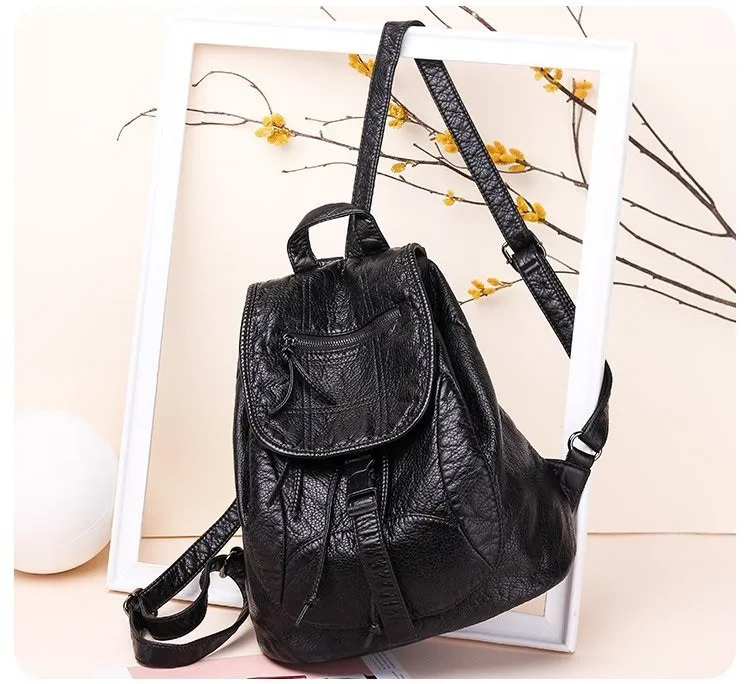 MJ Soft Leather Women Backpack Large Travel Bag PU Leather Female Daypack Black Backpack School Bag for Teenage Girls (15)