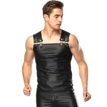 

Sexy Men Black Faux Leather Lingerie Top Erotic Gay Performance ds Sexy Mens Nightclub Latex Catsuit Tops Shirt