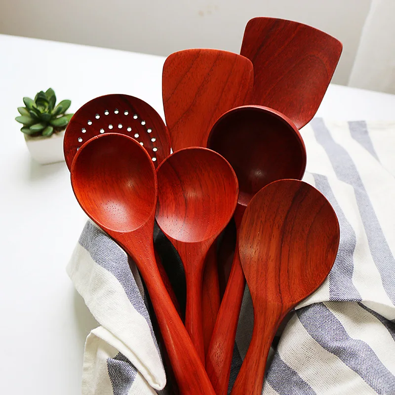 

New Red Rosewood Cookware Set Long Hand Wooden Turner Rice Scoop Soup Ladle Colander Kitchen Tools Wood Tableware Japan Style