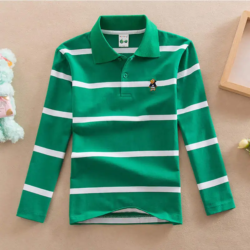 Новые Топы для мальчиков, коллекция года, детские футболки весенне-осенняя футболка с длинными рукавами для мальчиков хлопковая рубашка в полоску для детей, одежда с отложным воротником - Цвет: Зеленый