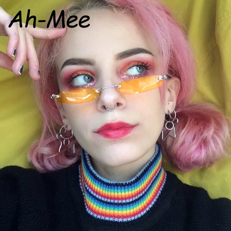 

Newest Small Narrow Sunglasses Women Retro Rectangle Sunglass Brand Designer Female Eyewear Rimless Square Colorful Lens Shades