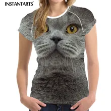 INSTANTARTS, летняя тонкая футболка, женская одежда с круглым вырезом, милые животные, Британская короткошерстная кошка, принт размера плюс, женская футболка с коротким рукавом