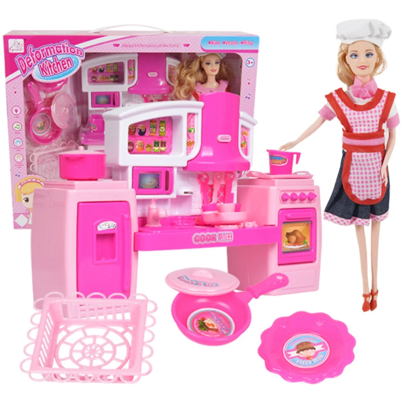 doll with kitchen set