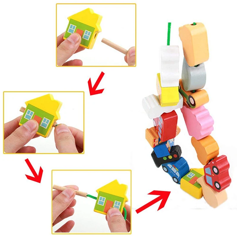 

Mini Wooden Animal Fruit Lacing Threading Beads Block Toys For Children Learning Education Cartoon Colorful Products Kids Toys