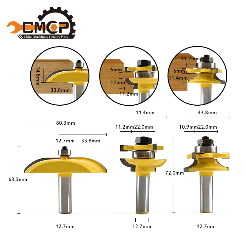 

CMCP 3pcs 1/2" Shank Ogee Raised Panel and Rail & Stile Router Bits Set milling cutter for wood Woodruff Keyseat Milling Cutter