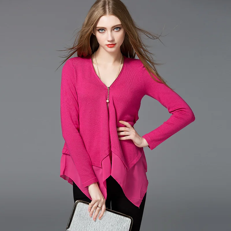 

2019 Fashion Female Cardigan Chiffon Stitching Sweater Zipper Rose Red Full V-Neck Bow Solid Coat Female and Women's Cardigans