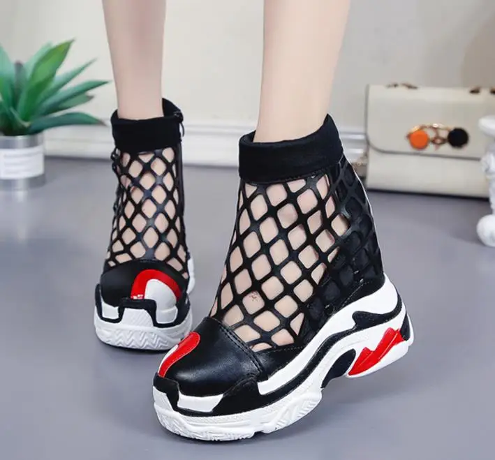 

Street shooting trend hollow mesh high-top sandals in summer increased slope with students net shoes thick-soled women's shoes