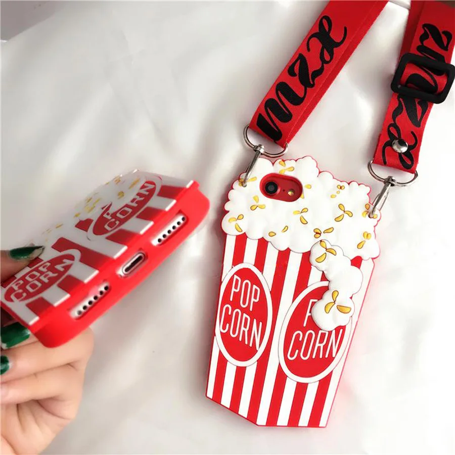 For iphone 6 6s plus 7 8 plus X case cover Funny 3d Popcorn with shoulder strap shockproof protective phone bag Ritozcase For iphone 6 6s plus 7 8 plus X case cover Funny 3d Popcorn with shoulder strap shockproof protective phone bag Ritozcase