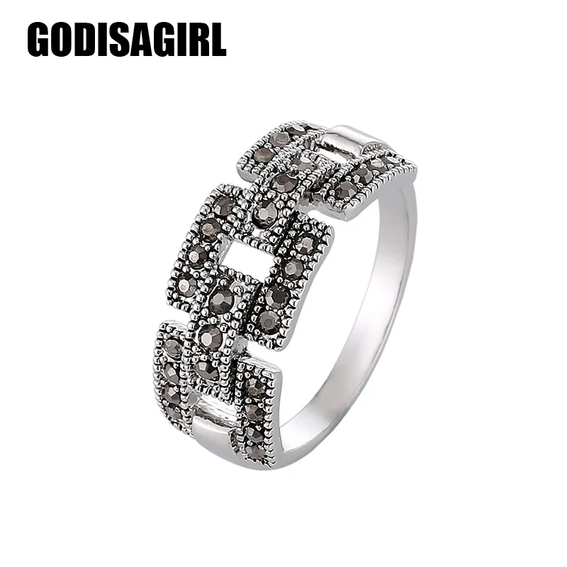 Best Selling Fashion Jewelry Silver Plated Black Cubic Zircon Vintage Retro Ring Women New Arrival
