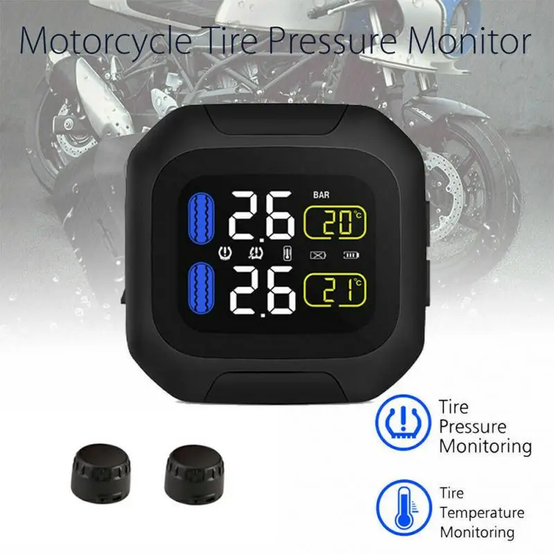 

Wireless Motorcycle Tire Temp Pressure Monitoring System TPMS Tyre with 2 Sensor Waterproof LCD Display