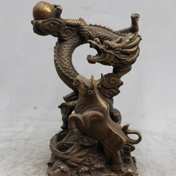 

10" Chinese Folk Feng Shui Bronze Zodiac Year Dragon Play Bead Bull Ox Statue