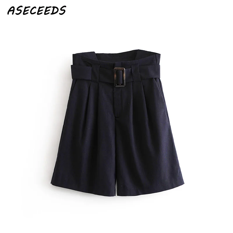 Vintage cotton high waist shorts women bottom Casual belt