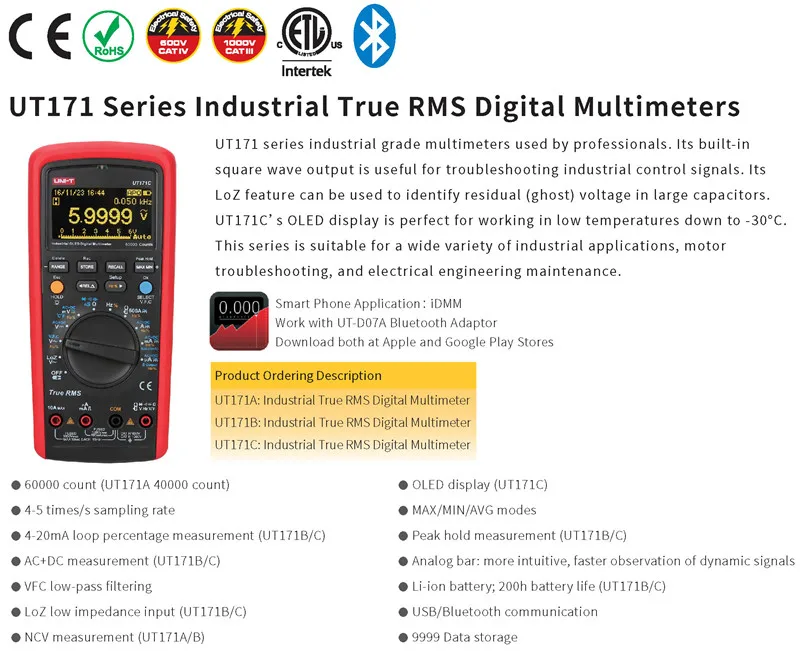 UNI-T UT171A/UT171B/UT171C промышленные истинные RMS Цифровые мультиметры; VFC измерение, USB/Bluetooth связь