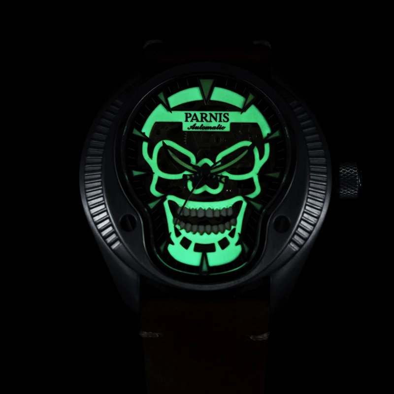 Новинка PARNIS механические мужские часы 43 мм дизайнерские Череп Скелет с автоматическим подзаводом светящийся циферблат сапфировое стекло Мужские часы