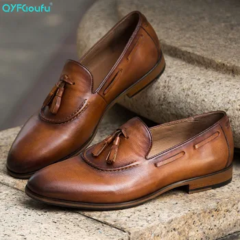 

QYFCIOUFU Handmade tassel Shoes Men 2019 brown Formal Wedding Office Men's dress shoes Genuine Calf Leather oxford shoes for men