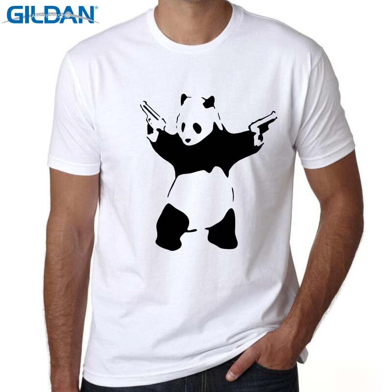 GILDAN Short Sleeve Men T Shirt New Fashion The Real Gangster gun Printed T-shirt O-Neck Tops Panda With Gun Cool Tee Shirts | Мужская
