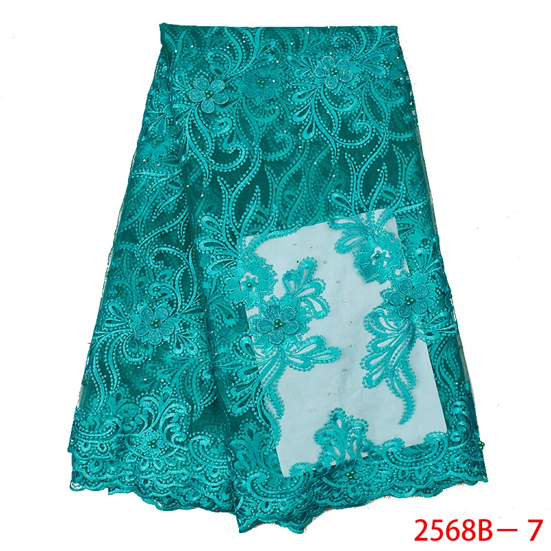 

Teal Green Nigerian Embroidery Net Lace Wholesale 3D Tulle Lace Fabric with Beads Hot Sale African French Lace Fabric APW2568B-7