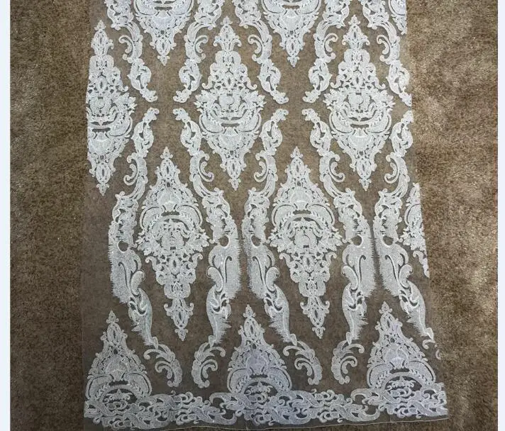 

Ivory High Quality African Tulle Hvavy Beaded Lace Fabric For Wedding Beaded French Lace Fabric