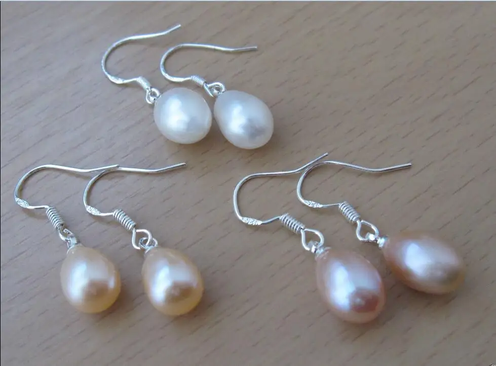 

Wholesale price 16new ^^^^7X9MM genuine White, pink, purple Fresh water pearl Sterling silver earrings -Top quality free shippin