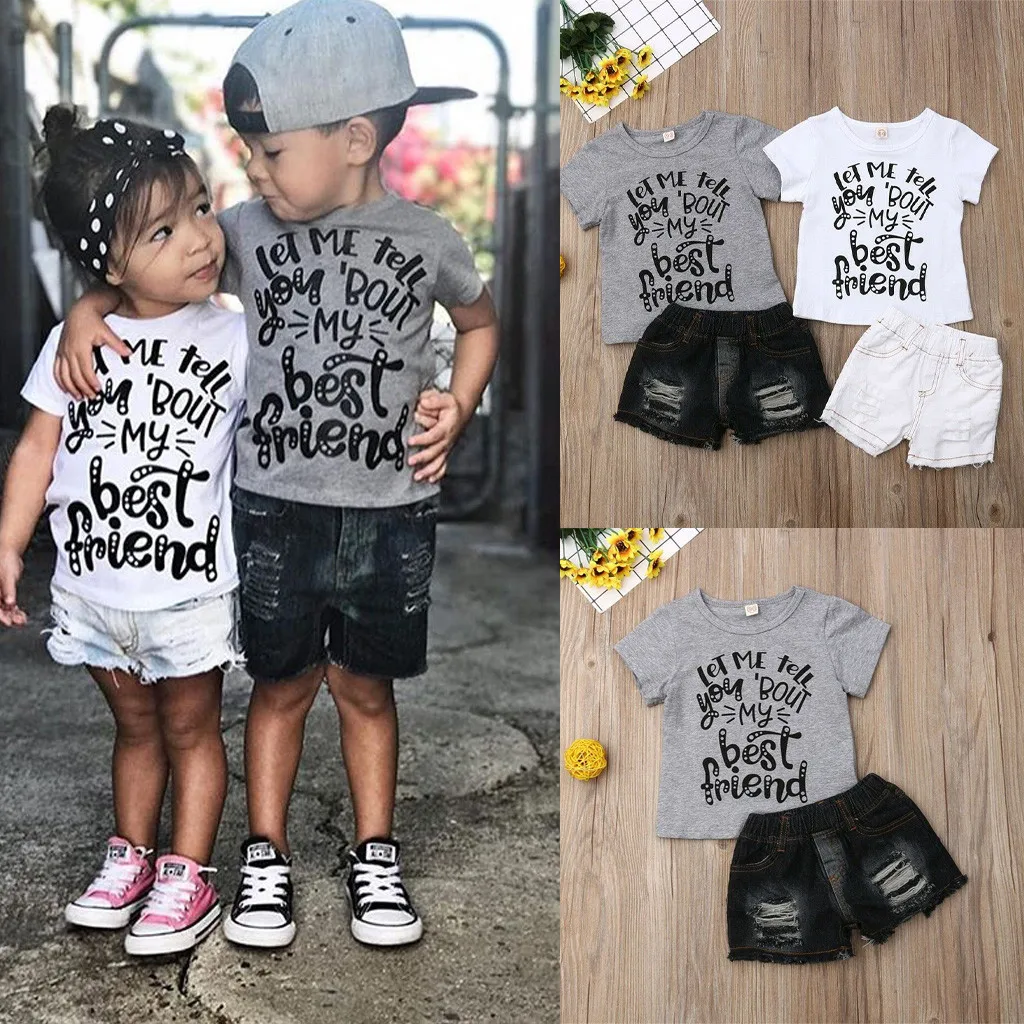18 Months-5T Toddler Baby Girls Fashion 2pcs Clothes Set Letter Cartoon Print Tops T Shirt Denim Jeans Pants Outfits