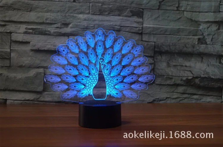 Павлин 3D свет семь цветов USB touch светодиодный визуальный подарок украшения атмосфера лампа ночник