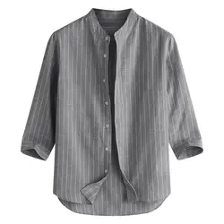 JAYCOSIN рубашки летние мужские повседневные полосатый воротник-стойка 7 точек рукав кнопка Хлопок Лен Блузки мужские рубашки modis Топы 604