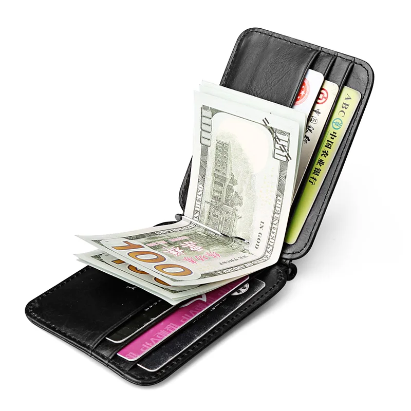 

Casual Slim Brand Men Genuine Cow Leather Card Bifold Male Purse Billfold business Wallet Money Clip Clamp for Money Case Black