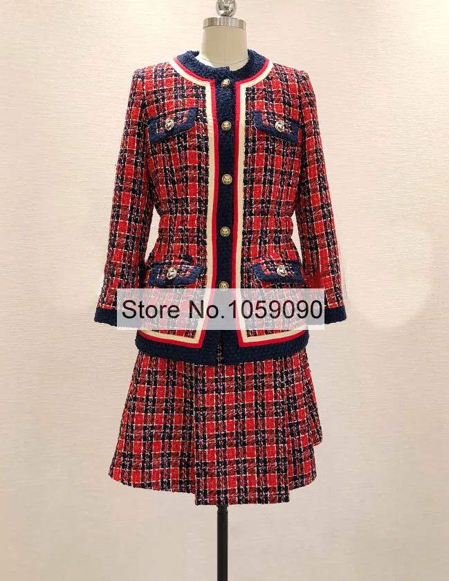 

Woman Luxury Elegant Red Plaid Tweed Jacket + A-line Skirt Buttoned Front 2 pcs set