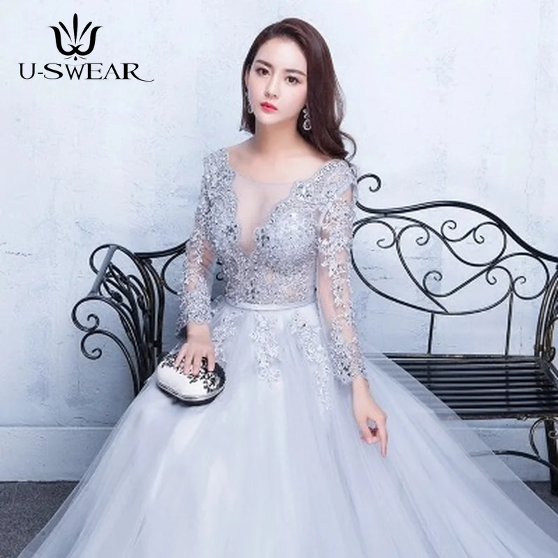 U-SWEAR Sexy Fashion Evening Dresses Long O-Neck 3/4 Sleeves Lace Appliques Court Train Formal Gown Party Dress Vestido De Festa