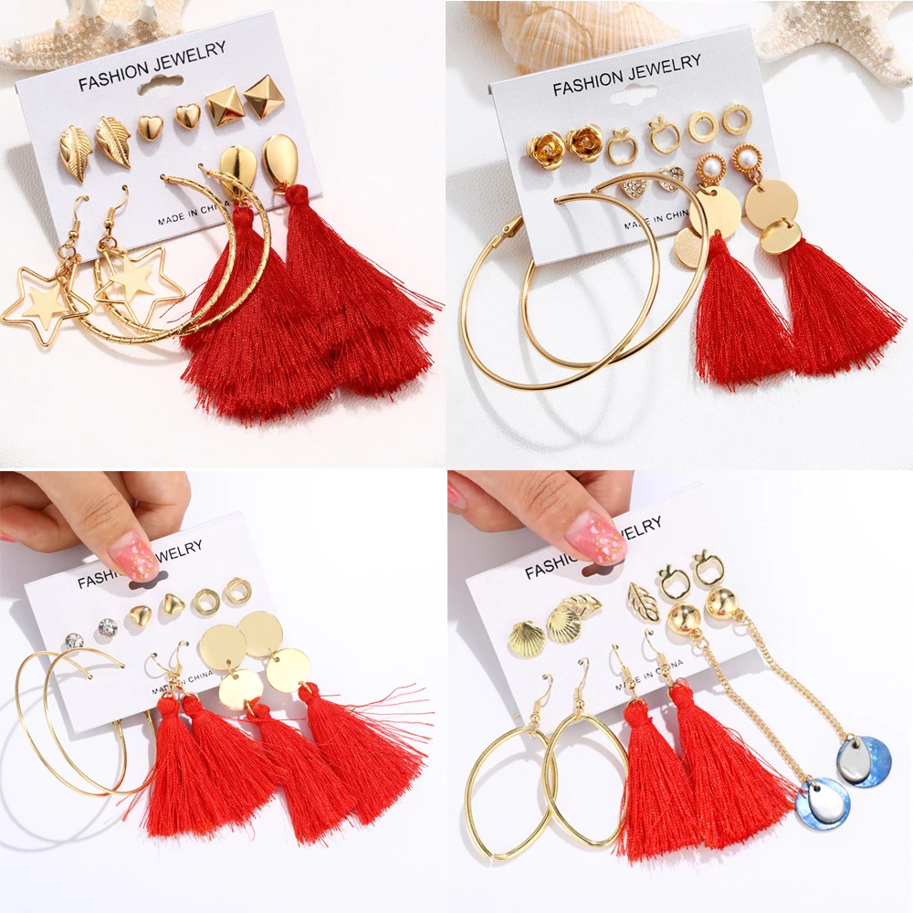 

17New Design Red Color Flower Long Tassel Stud Earrings Set Star Moon Heart Round Irregular Steel Earrings Female Fringe Brincos
