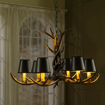 

6/8/10 Head American Retro Pendant Light Fixture Resin Deer Horn Antler Black Lampshade vintage Pendant lamp for home childrens