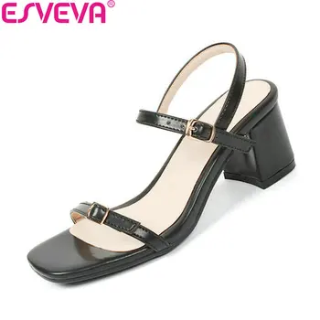 

ESVEVA 2018 Women Sandals Summer Buckle Square High Heels Sweet Style Square Toe Ankle Strap Sandals Shoes Woman Size 34-43