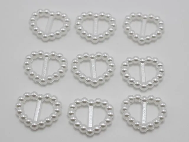 

100 Pure White Pearl Heart Buckle Invitation Ribbon Slider 17X14mm For Wedding