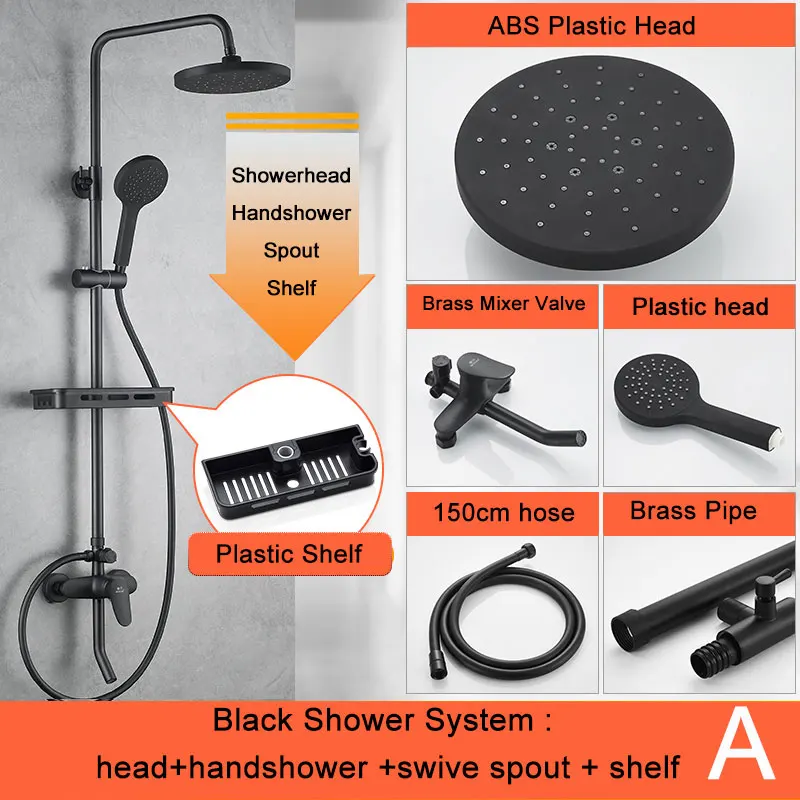 Матовый черный смеситель для душа для ванны с товарной полкой настенное крепление Поворотный носик смеситель для душа с ручным дождевым водопроводом - Цвет: Type A