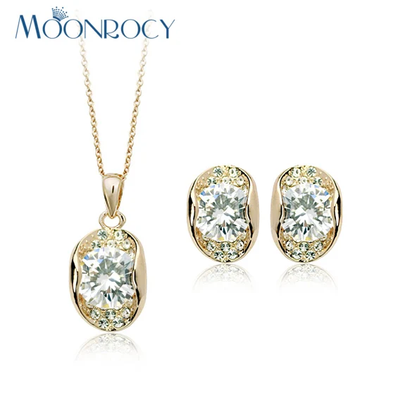 MOONROCY Free Shipping Rose Gold Color Cubic Zirconia Austrian Crystal Jewelry Set Necklace Earring for women wedding | Украшения и