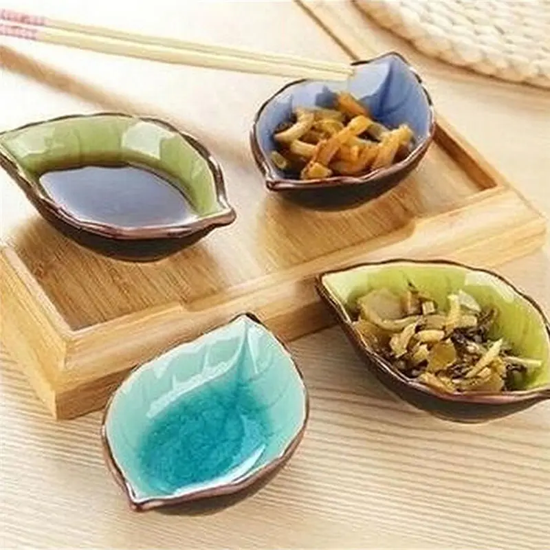 

Wholesale Handcraft Creative Leaves Ceramic Plates Japanese Sushi Dishes Snacks Kitchen Vinegar Seasoning Sauce China Dinnerware