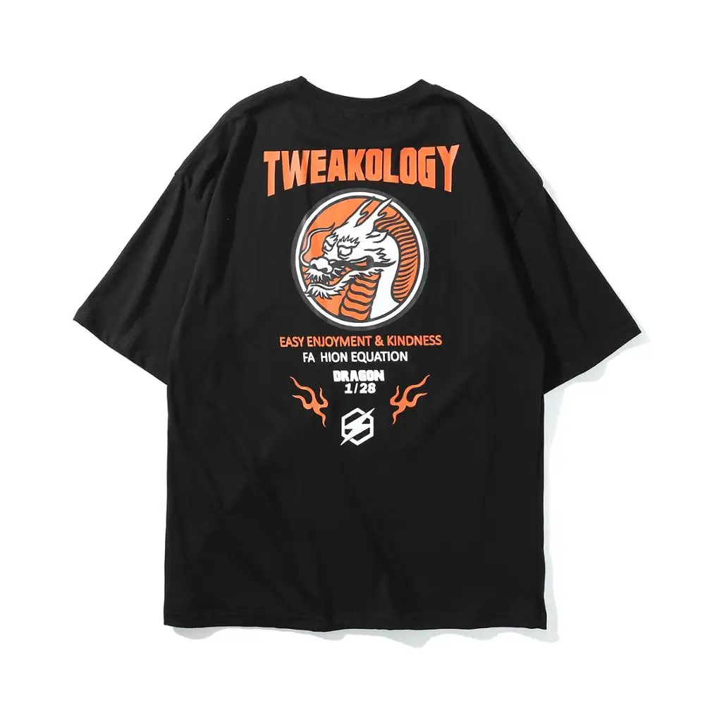

Dragon Cartoon Back Print Anime Streetwear Top Women Unisex Japanese Harajuku Off White Black Summer Cotton T-shirt Men