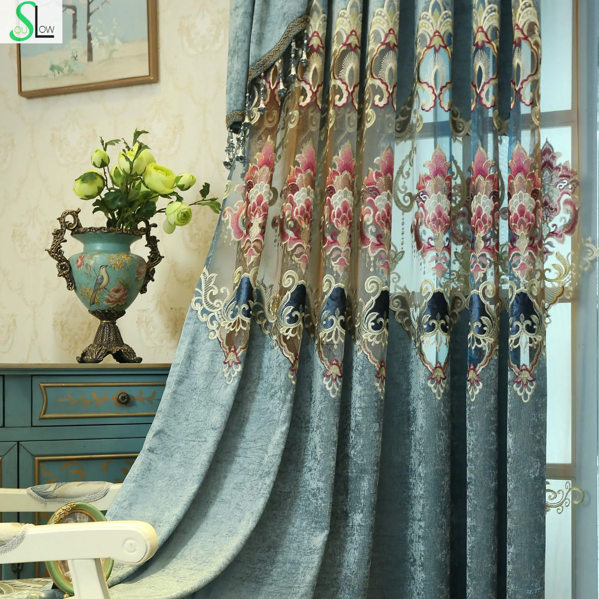 

Slow Soul Colorful Blue 2017 New High grade Living Water Soluble Hollow Curtain Europe Curtains For Room Bedroom Kitchen Luxury