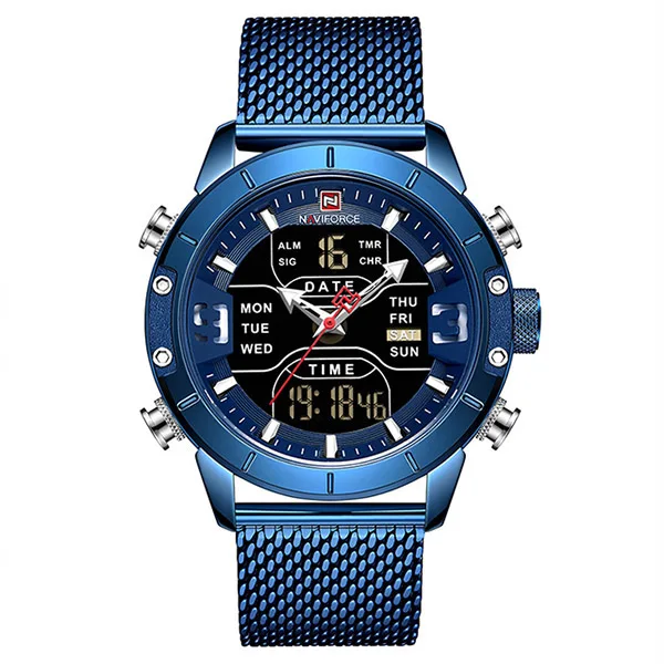NAVIFORCE часы Топ люксовый бренд мужские военные кварцевые наручные часы из нержавеющей стали сетчатые спортивные часы аналогово-Цифровые мужские часы - Цвет: blue