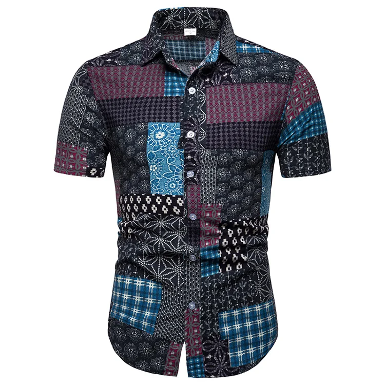 Мужские рубашки 2019 летние цветочные в клетку в стиле пэчворк, зауженные короткий рукав Camisa социальной Masculina мужская гавайская рубашка плюс