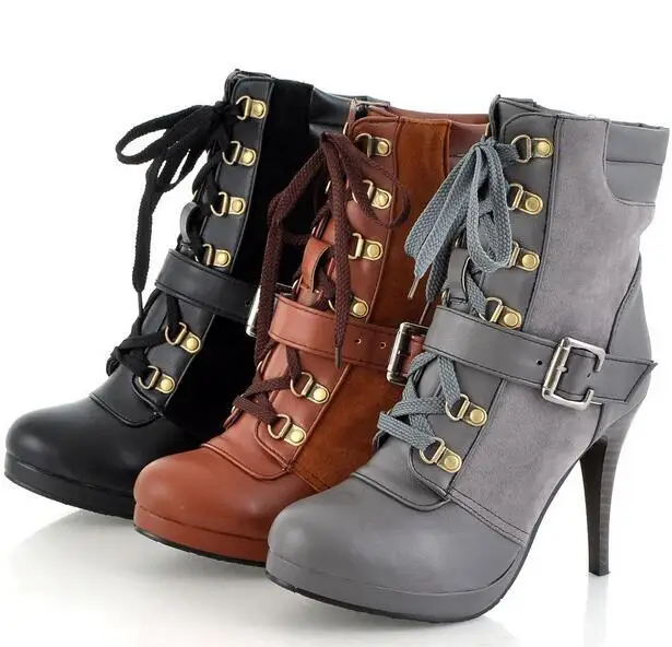 

2015 New Autumn Winter Women Thin High Heel Platform Lace Up Buckle Round Toe Fashion Ankle Martin Boots Size 34-39 SXQ0811