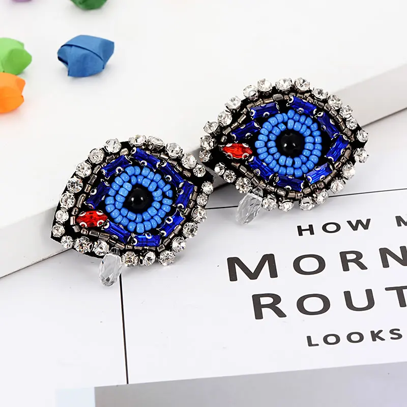 

ZHINI handmade Bead Blue Dangle earrings for women Rhinestone Vintage korean Eye Crystal Drop earring for girl christmas gift
