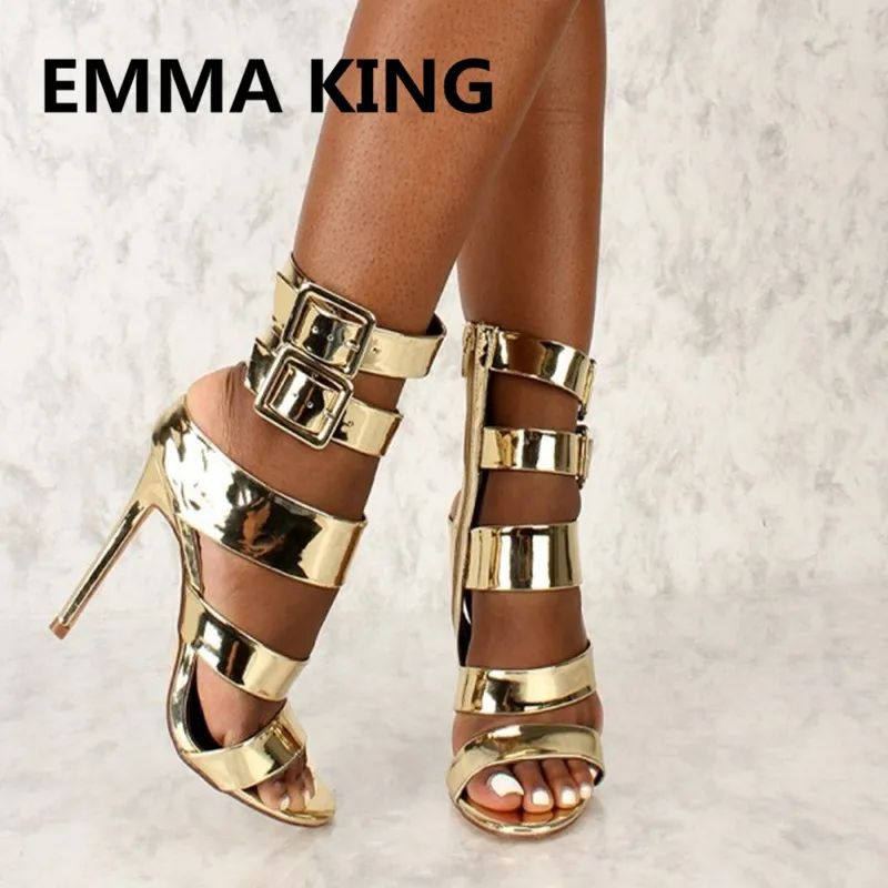 

Buckle Strap Design Gold Women Gladiator Sandals Open Toe Cutout Sexy High Heels Ladies Party Shoes Woman Stiletto Roman Sandals