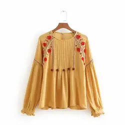Makuluya для женщин сезон: весна-лето богемный женский желтый хлопок повседневное Винтаж Цветочный цветок вышивка топы для девочек блузки